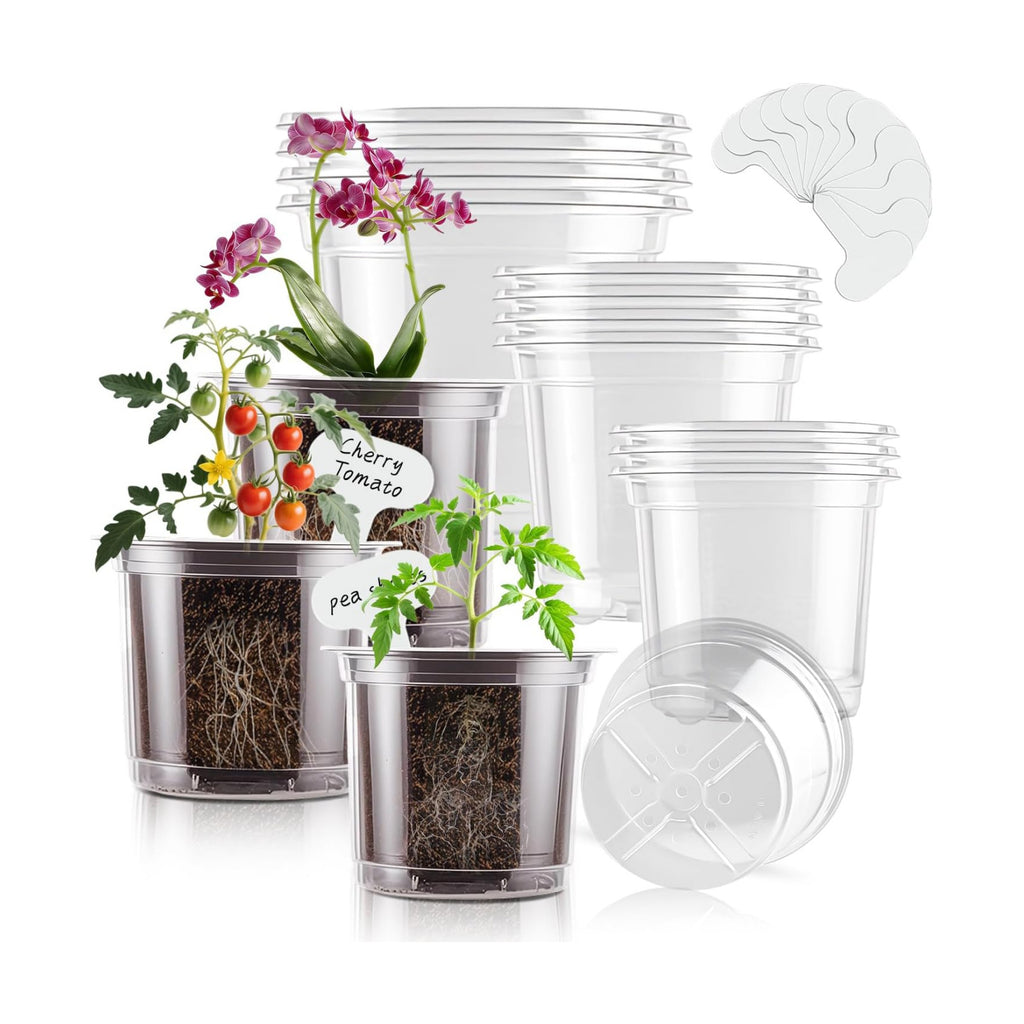 SupKing Clear Nursery Pots 5/4/3.5 Inch Plastic Seed Starter Plant Flower Pot with Drainage Holes for Transplanting Succulents Cuttings Seedlings 15 Labels (12Pcs)