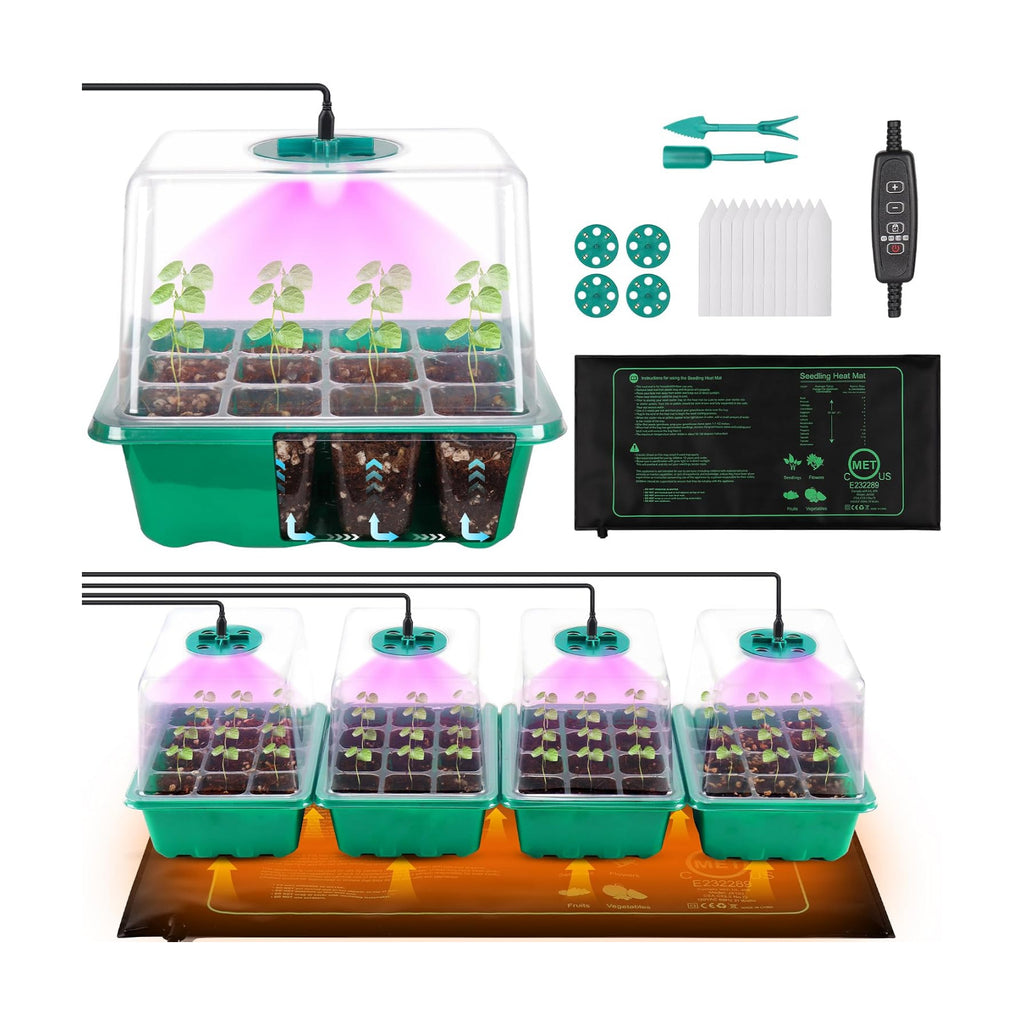4-Pack Seed Starter Tray with Grow Light and Heat Mat, 48 Cells Seed Starter Kit with Adjustable Humidity Dome and