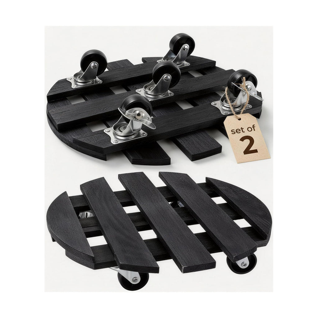 Plant Caddy with Wheels, 12 Inch Rolling Plant Stand, 2 Pack, Black | Heavy Duty Wooden Plant Dolly with Locking
