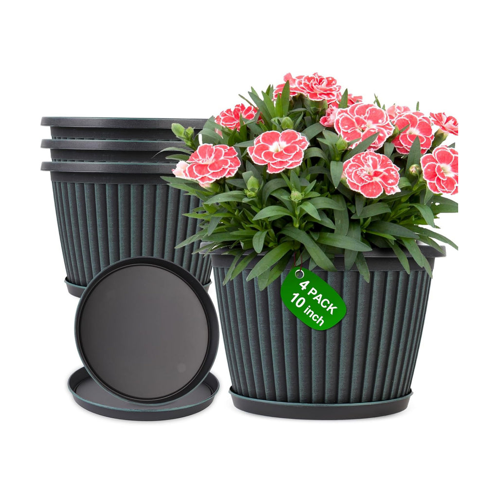 Myfeegoin Planter-Pots-for-Plants-Indoor-Outdoor, 4 Pack 10 Inch Plastic Flower Pots with Saucer & Drainage Holes