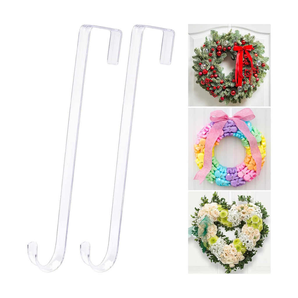 15" Clear Over The Door Wreath Hanger 2 Pack, Non-Scratch Door Hooks