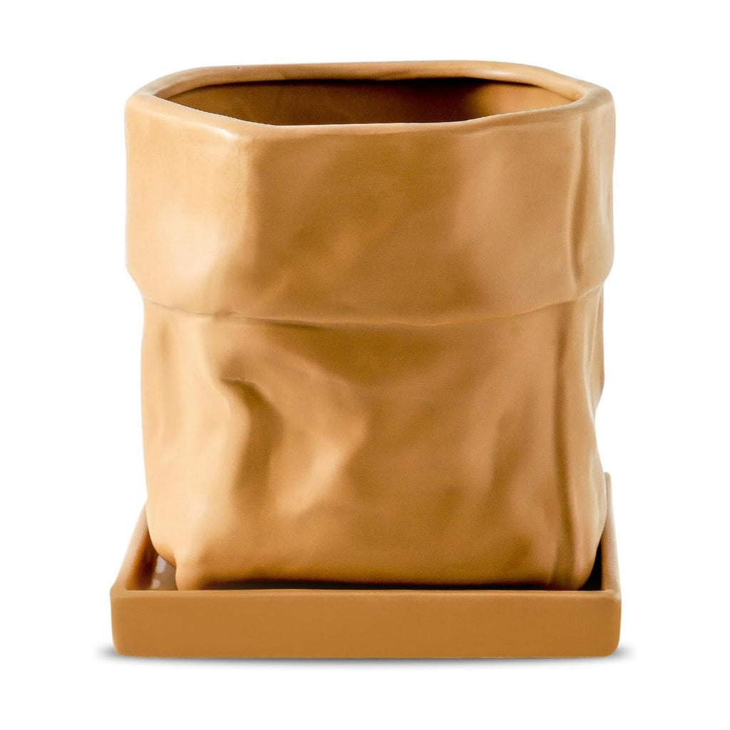 Nihow 6 Inch Ceramic Plant Pot with Drainage & Square Saucer, Terracotta | Bag Shape Design,Indoor & Outdoor,Living