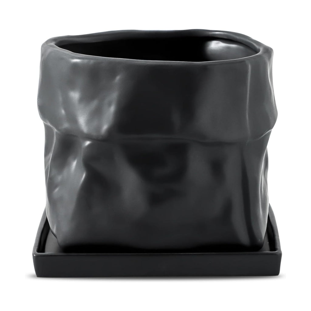 Nihow 8 Inch Ceramic Plant Pot with Drainage & Square Saucer,Black