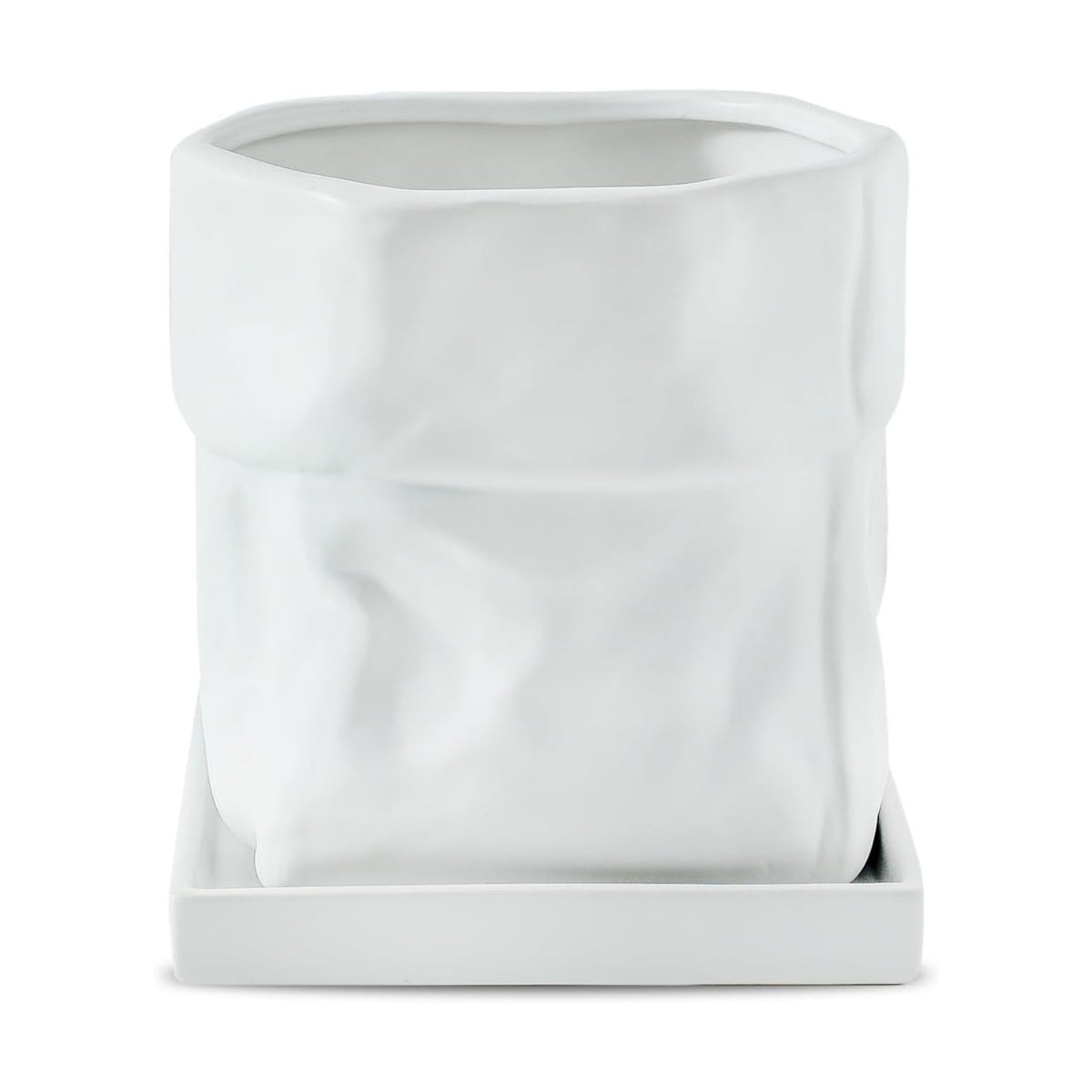 Nihow 6 Inch Ceramic Plant Pot with Drainage & Square Saucer, White