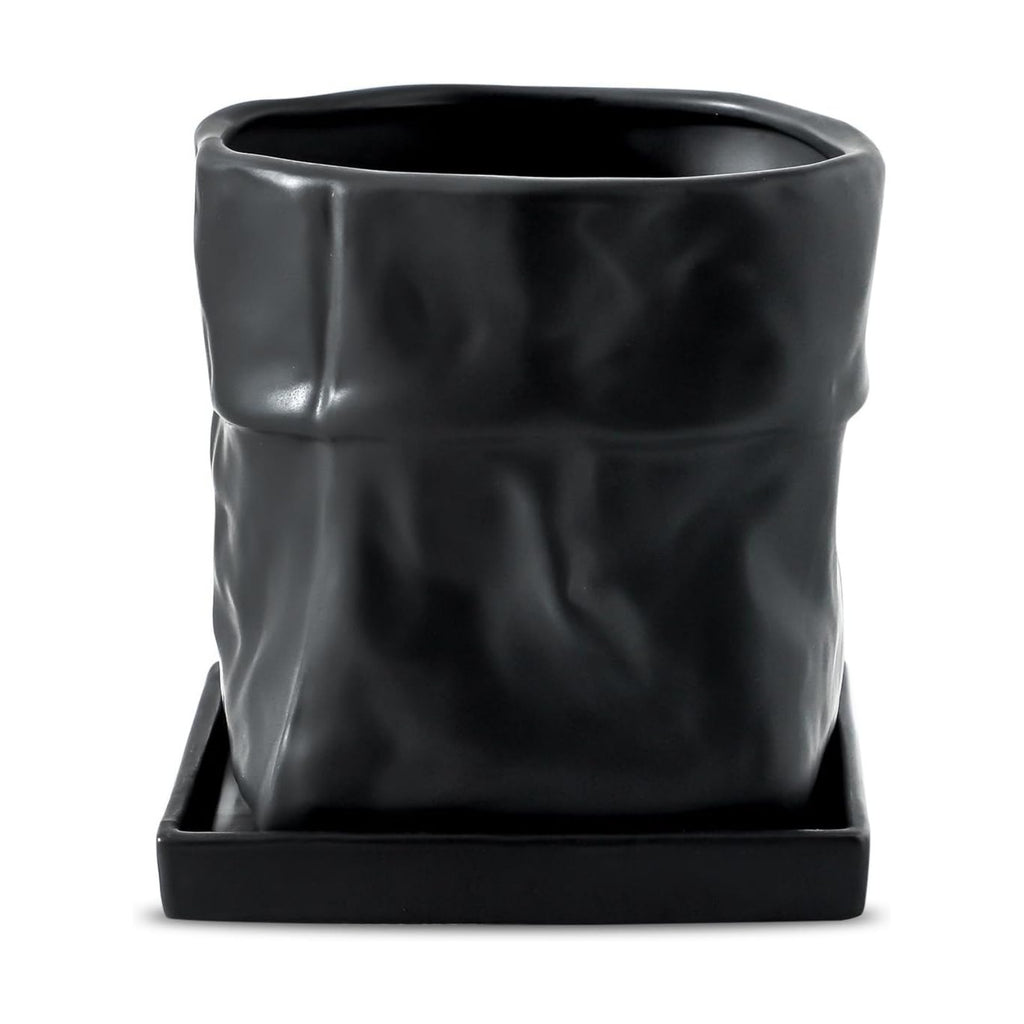 Nihow 6 Inch Ceramic Plant Pot with Drainage & Square Saucer,Black