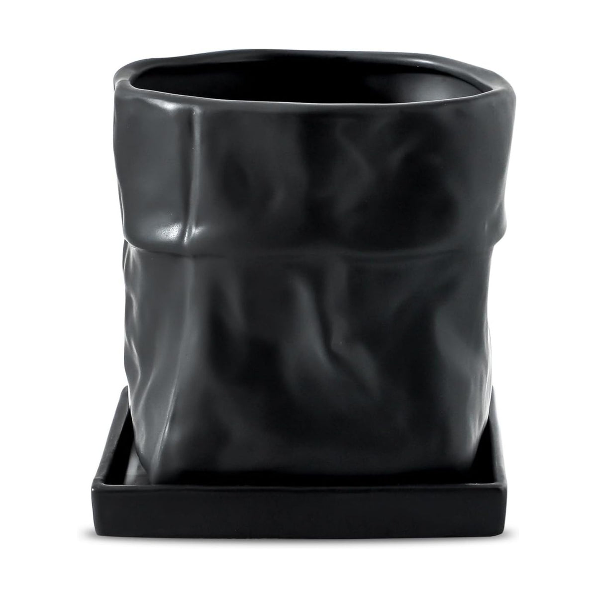 Nihow 6 Inch Ceramic Plant Pot with Drainage & Square Saucer,Black