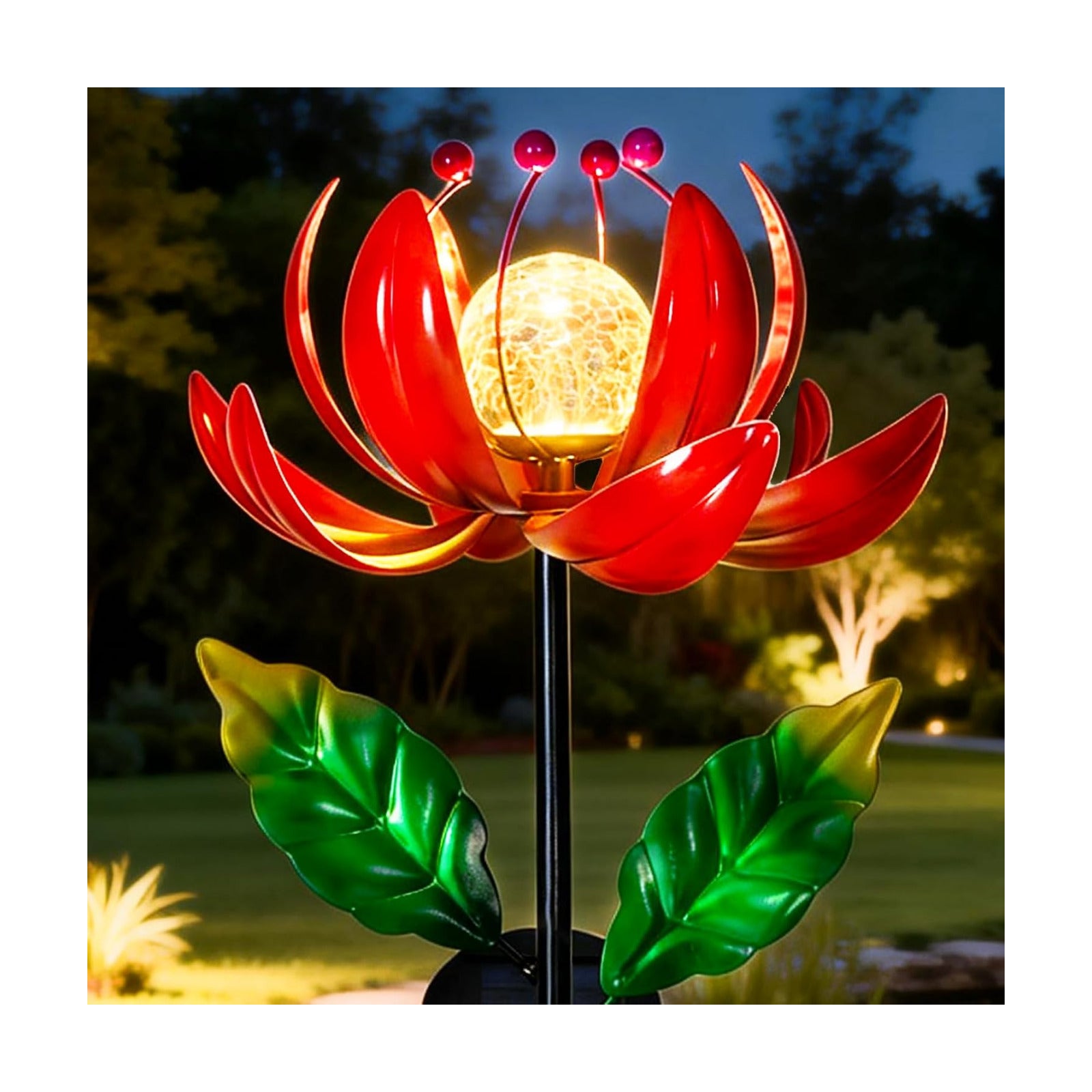 Solar Lights Outdoor Wind Spinners, Metal Lotus Flower Garden Decor with Waterproof LED Crackle Glass Globe for Patio