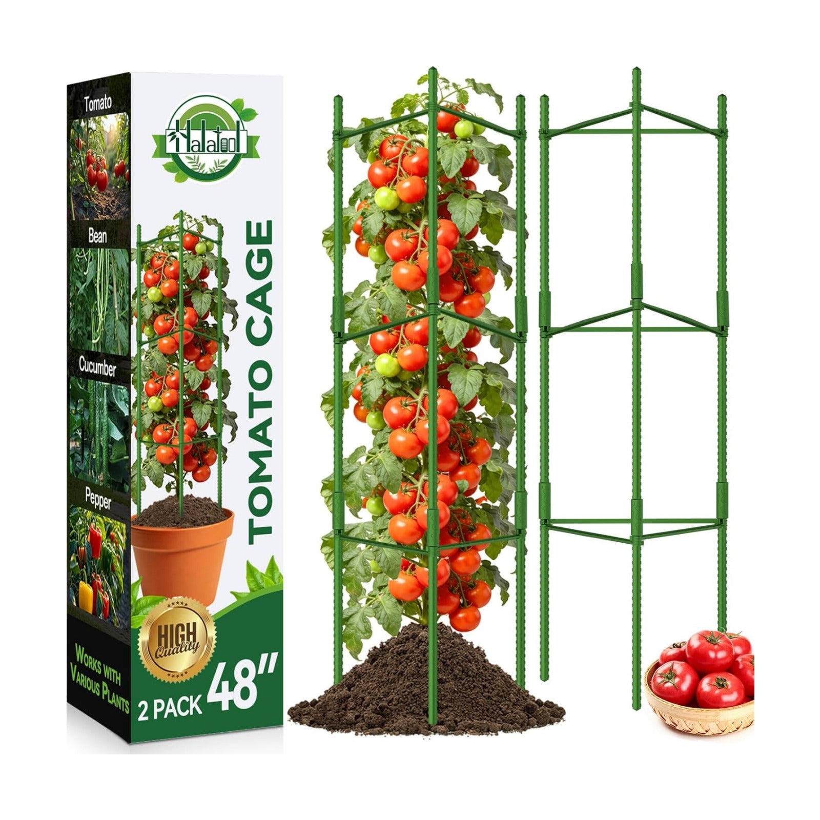 Halatool 2 Pack Tomato Cages for Garden, Up to 48in (4FT) Trellis | Adjustable Garden Stakes Tomatoe Trellis for Pots