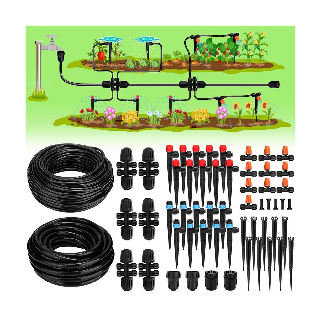 Drip Irrigation System, 40FT 1/2" Mainline & 100FT 1/4" Tubing, with Adjustable Drip Emitters Misting Sprinkler