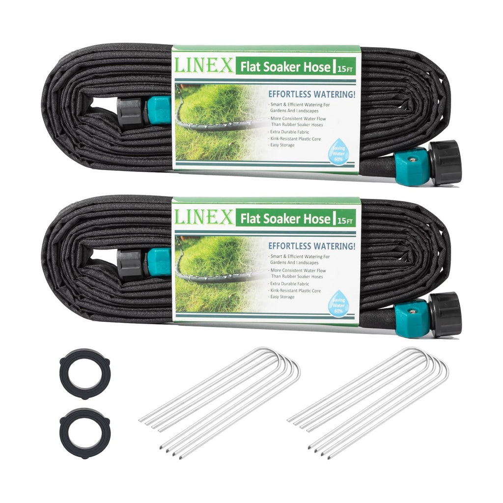 LINEX Flat Soaker Hose 30 ft for Garden Beds, 1/2'' x 15 ft 2 Pack Drip Hoses Irrigation Sprinkler Heavy Duty Save