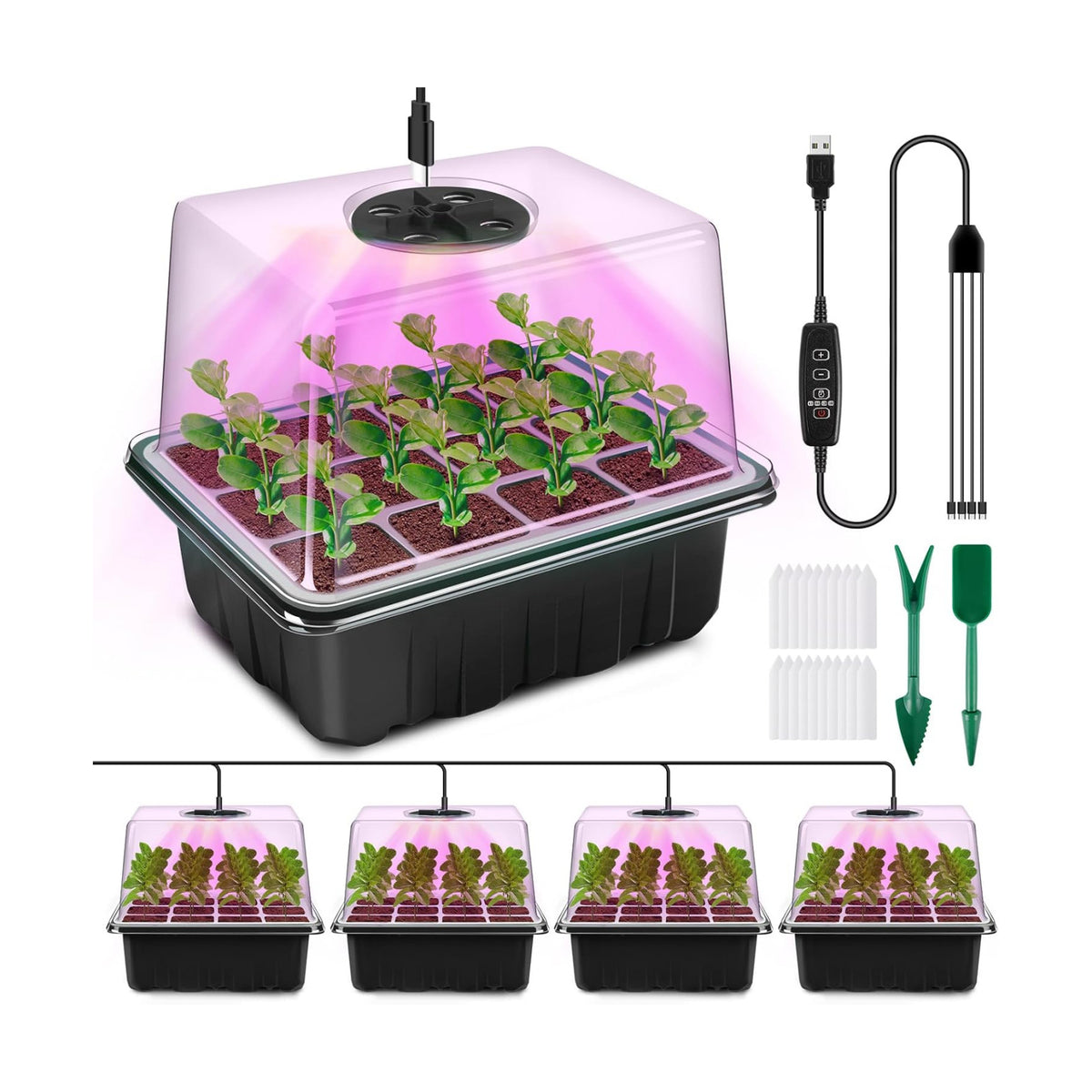 YAUNGEL Seed Starter Tray with Full Spectrum Grow Light Timer, 4-Pack,Black