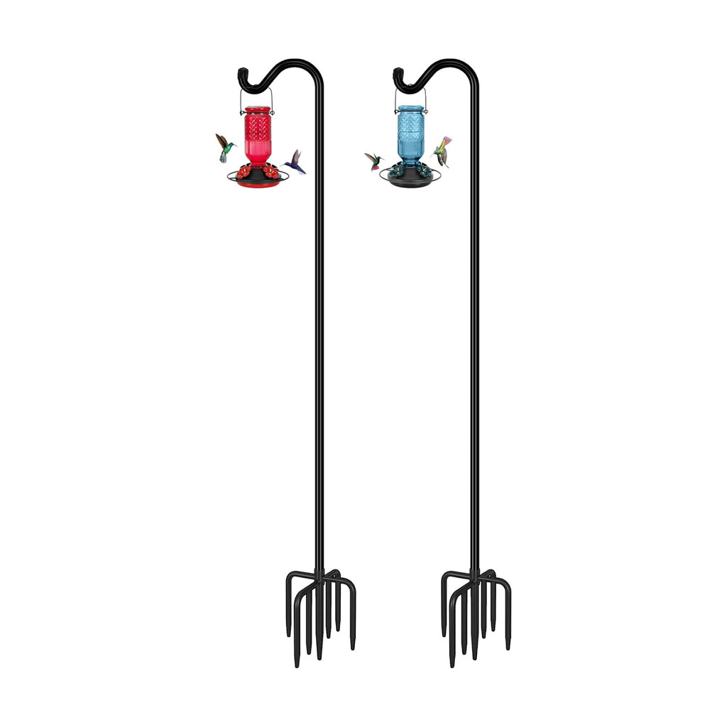 FEED GARDEN Adjustable Shepherd Hook Bird Feeder Pole with 7 Prongs Base, 108 Inch Tall 5/8 Inch Thick, Heavy Duty Outdoor Garden Poles for Hanging Bird Feeders, Plant Baskets, Black (2 Pack)