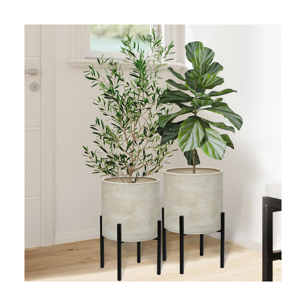 ARNIS Modern Plant Pots, Set of 2 Large Planters with Stand, Decorative Planters, Metal Pots with Drainage Holes for