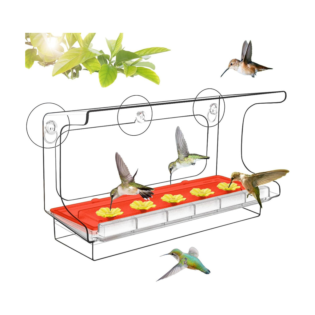 LUJII All One Piece Window Hummingbird Feeder with 5 Strongest Suction Cups, 20 fl.oz Hummer Feeder for Outside, Removable Lift-up Nectar Tray with 5 Feeding Ports, Gift for Bird Lover (Clear)