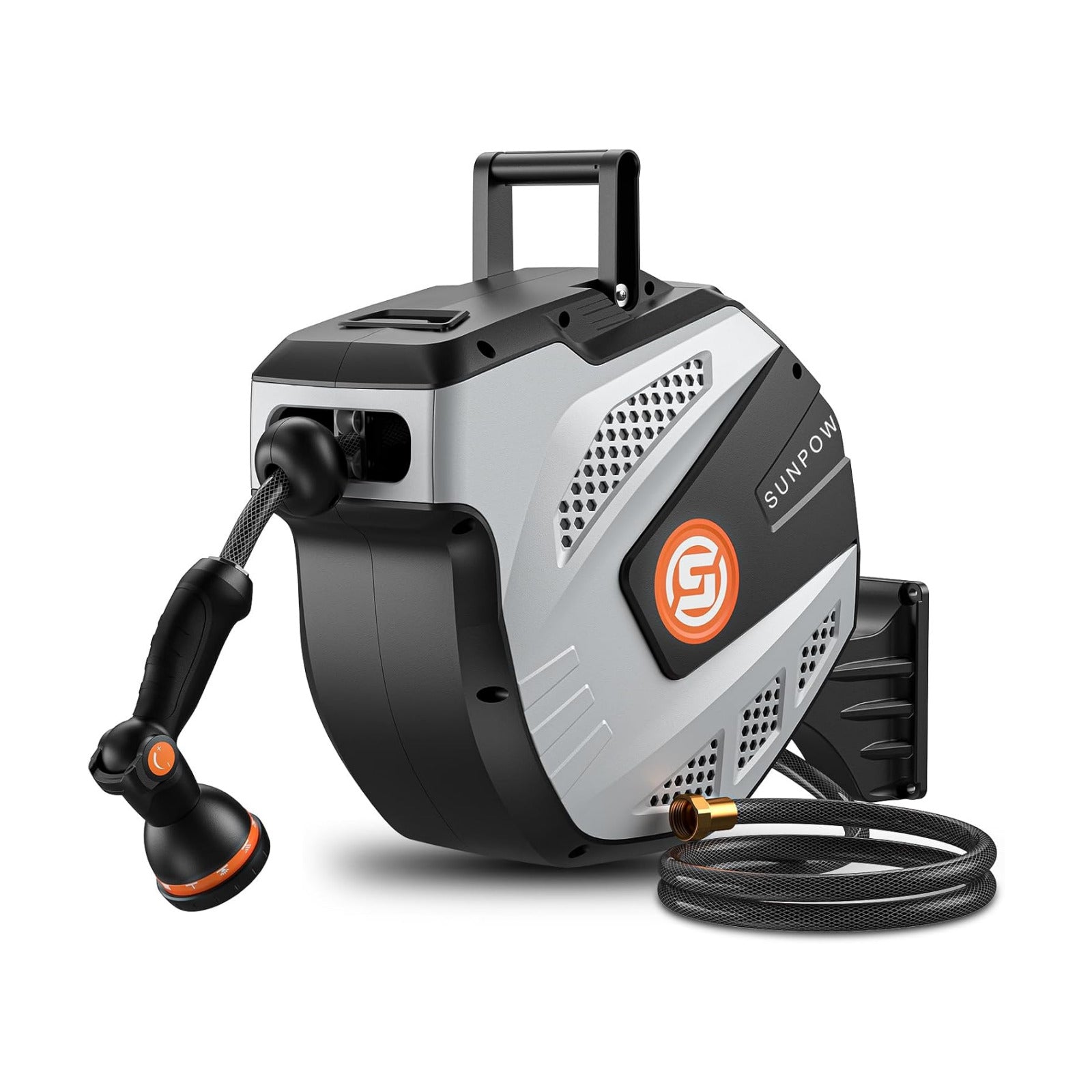 SUNPOW Retractable Garden Hose Reel - 1/2 inch x 85ft Heavy Duty Wall Mounted Hose Reel with 3/4 inch Brass Fitting &