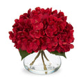 Hollyone Hydrangea Artificial Flowers in Vase Red Silk Fall Fake Flowers Arrangements with Glass Vase with Faux Water Faux Floral Bulk Bouquet for Office Table Centerpiece Shelf Home Decorations