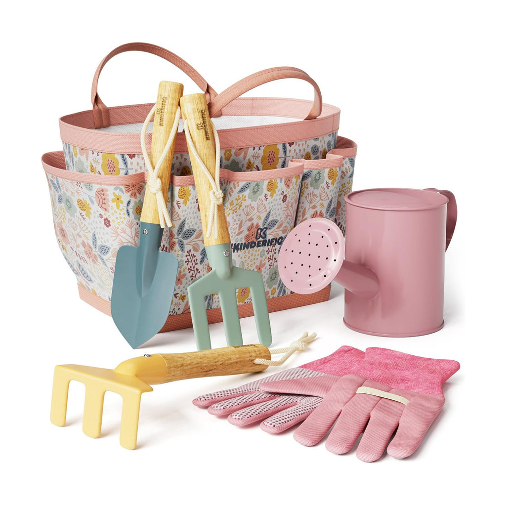 Gardening Set, Tool Kit, for Kids, STEM, Includes Tote Bag, Spade, Watering Can, Rake, Fork, Trowel and Gloves (Petal)