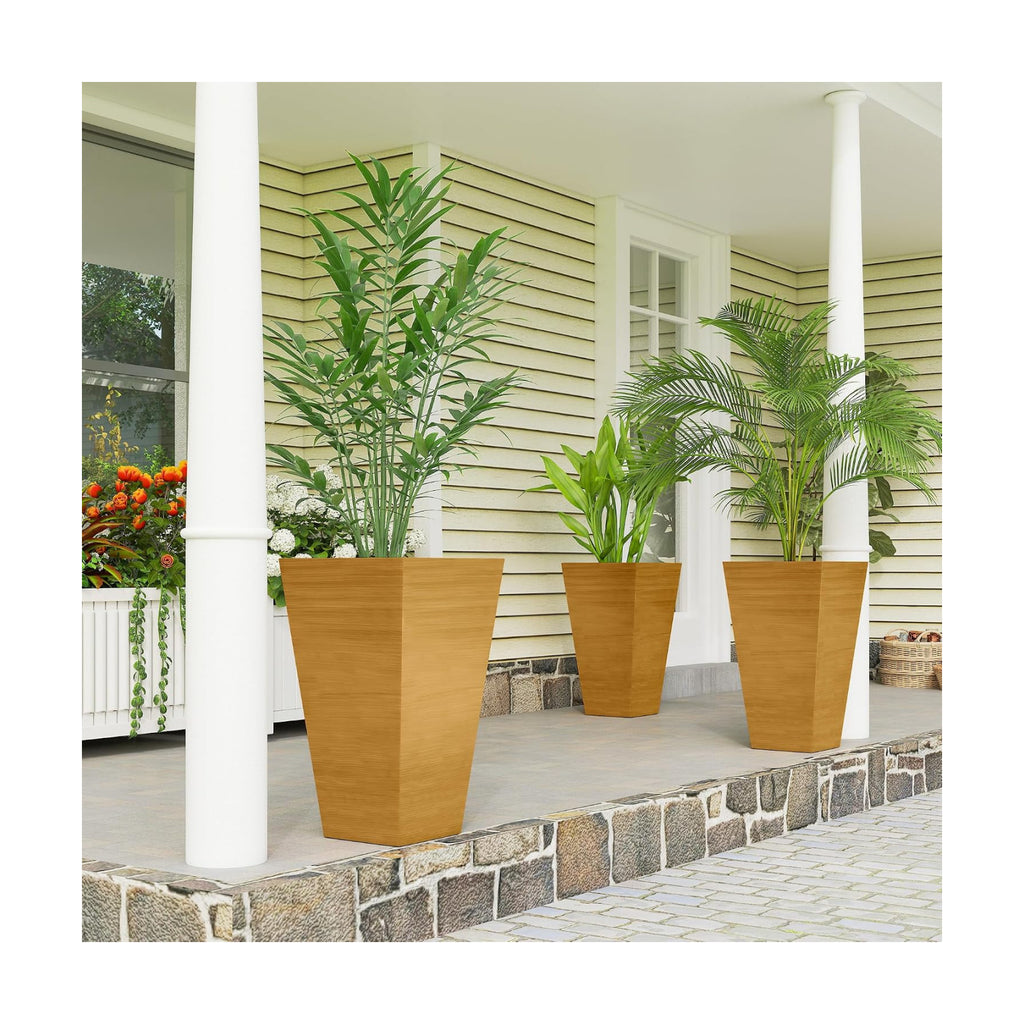 Outsunny 28 Inch Tall Planter for Outdoor Plants Set of 3, Light Brown | Taper Planter, Drainage Holes, Wood Grain