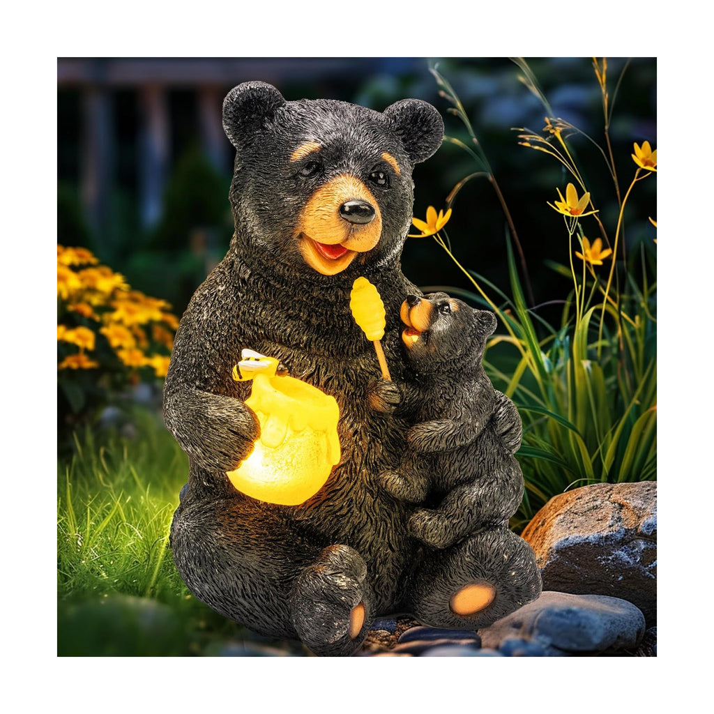 GIGALUMI Solar Garden Statues Bears 9" Black, Yard Decorations Outdoor | Loving Black Bear Decor, Bear Figurine Lights