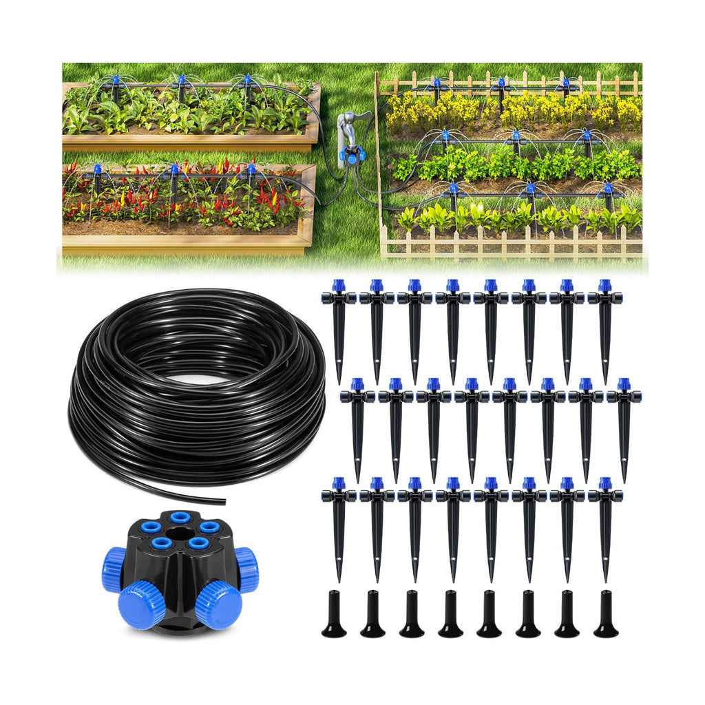 HIRALIY 100FT Drip Irrigation Kit for Raised Beds & Gardens | Garden watering system with a 5-way splitter and