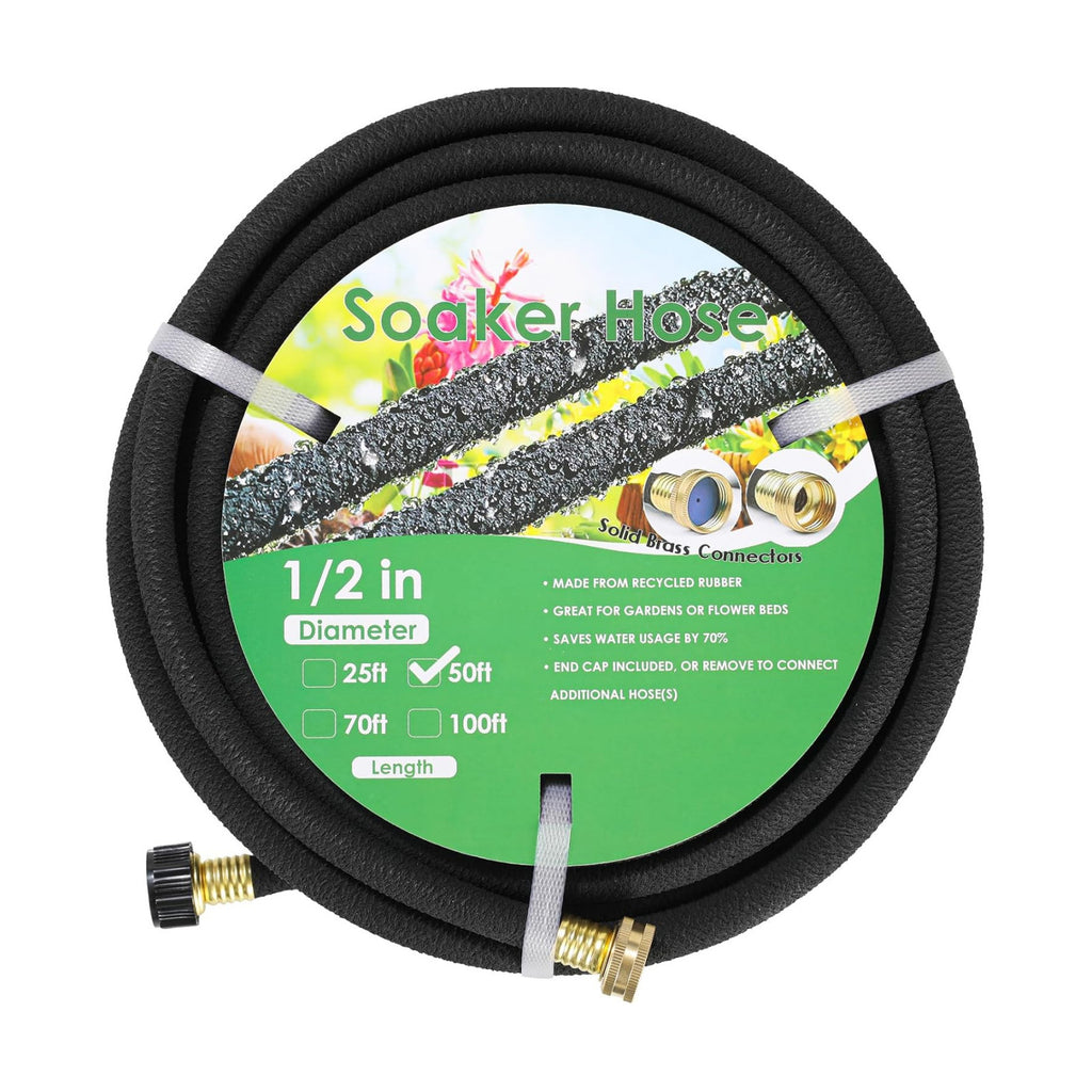 MAMIZO Soaker Hose 50 ft 1/2", Solid Brass Connectors Rubber Longer Lasting, Heavy Duty Drip Hose to Save 70% Water
