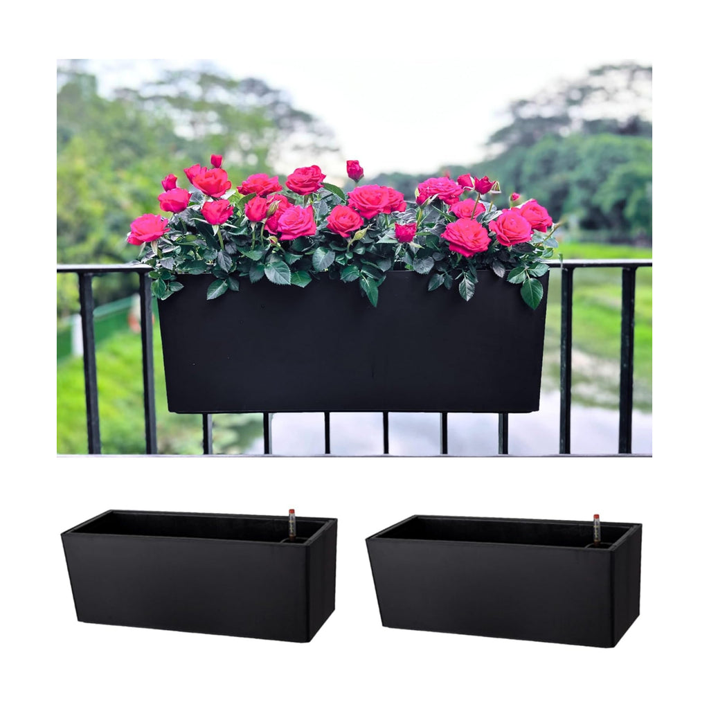 LaLaGreen Rail Planter for Balcony Outdoor (20 Inch, 2 Pack) Large Black Self Watering Railing Planters with Brackets