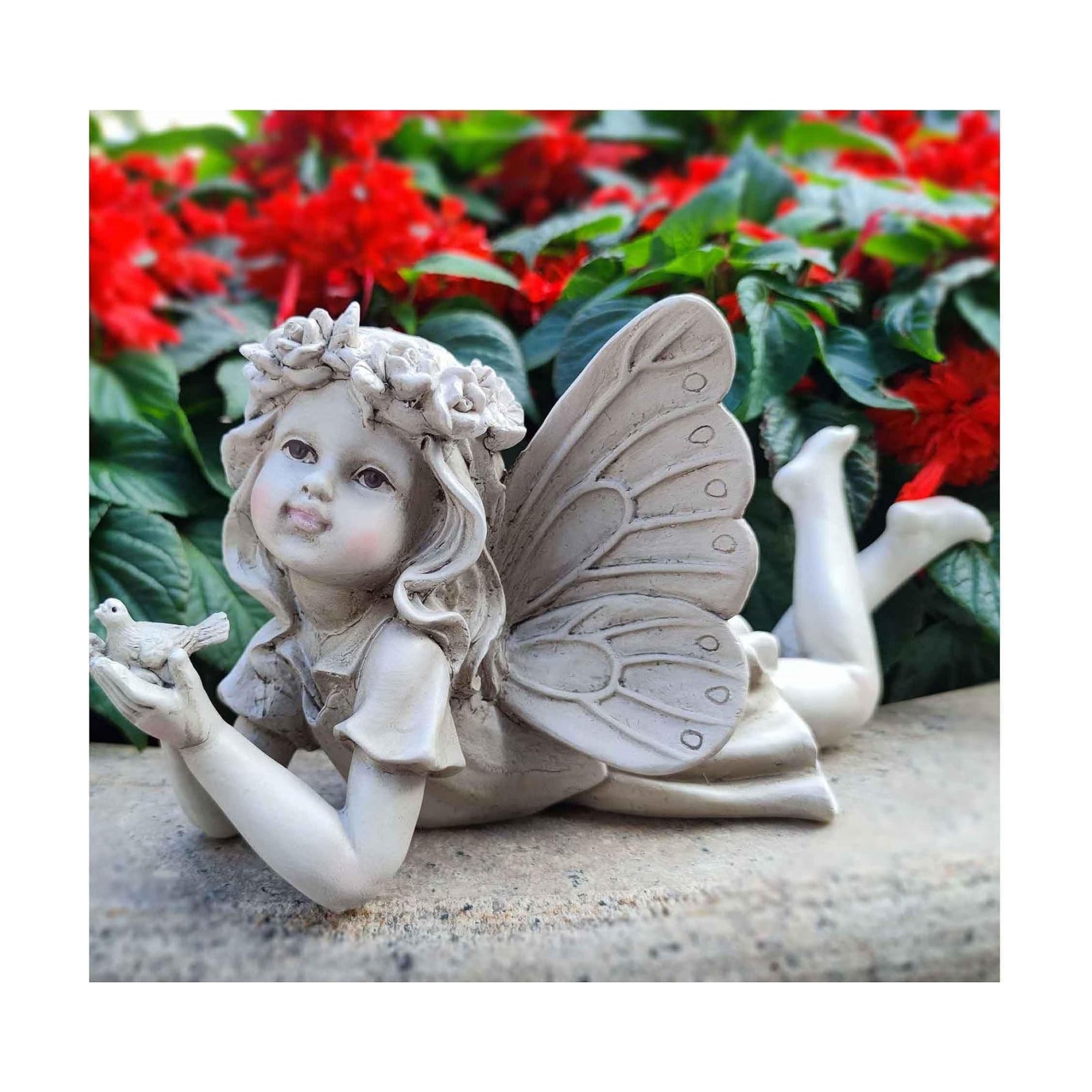 MeritMode Fairy Flower Garden Outdoor Statue - Angel Holding Bird | Hand-Painted Resin, Outdoor Angel Figurine , Flower