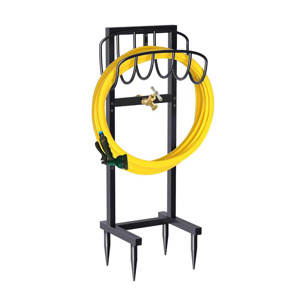 Outdoor Garden Hose Holder Freestanding with Brass Faucet And 4 Spikes, Heavy Duty Metal Water Hose Reel Stand Hanger
