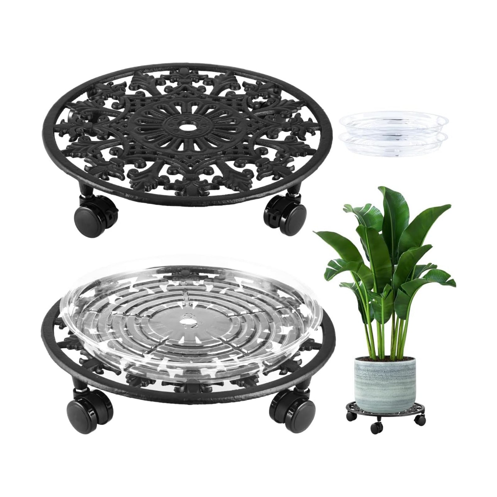 2 Pack Plant Caddy with Wheels, PlanterHoma 14 Inch Metal Plant Stand with Wheels Heavy Duty Wrought Iron Planter Dolly