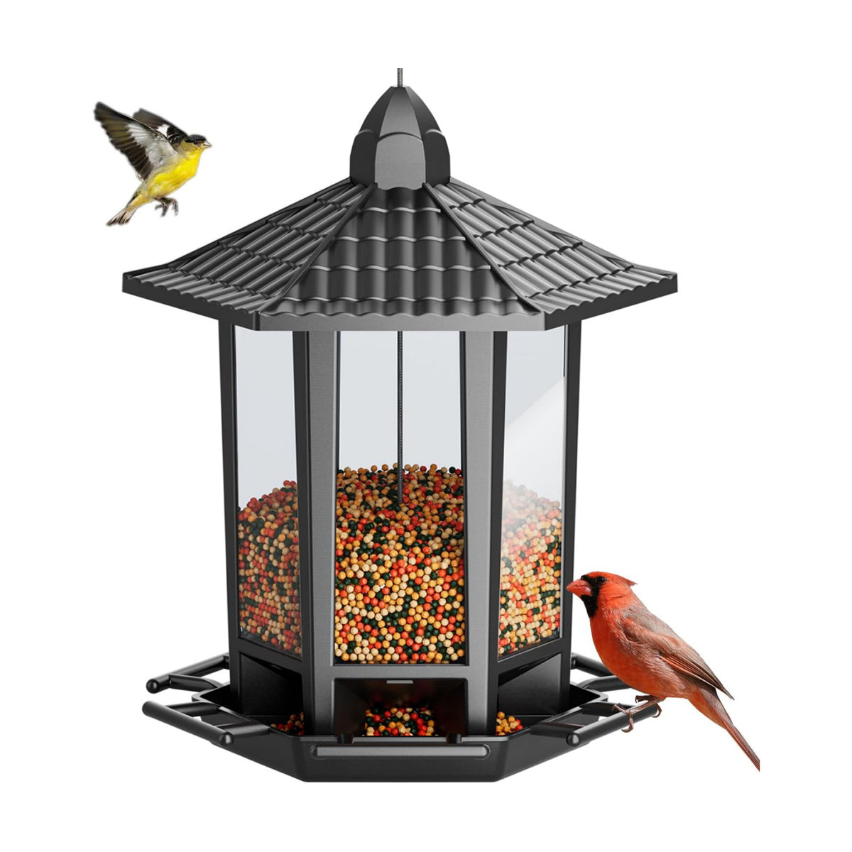 Birdream Hanging Bird Feeders, Retro Pagoda Design Fun Installation Squirrel Proof Bird Feeders, Attracting Wild Birds Chickadees Goldfinches Cardinals Finches and Sparrows - Black