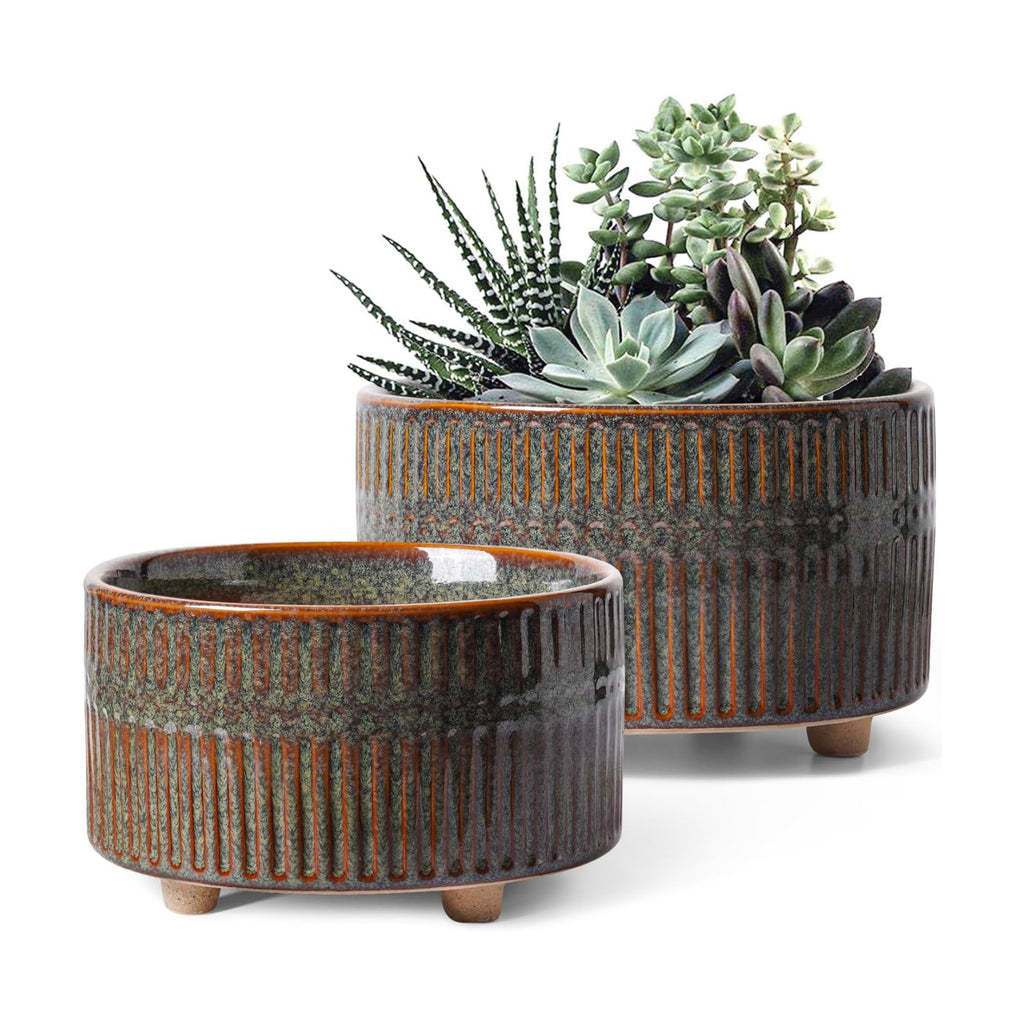 LE TAUCI Succulent Pots, 6.5+8 Inch Ceramic Pots for Plants Indoor, Shallow Round Succulent Planters with Drainage