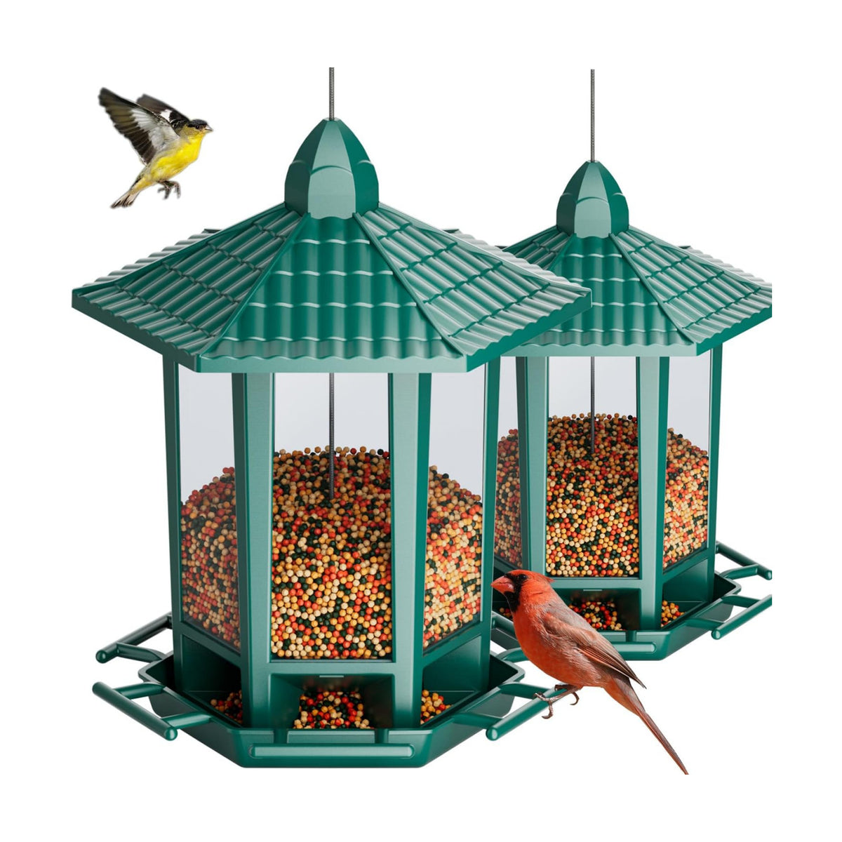 Birdream 2 Pack Bird Feeders for Outdoor Hanging, Retro Pagoda Design Fun Installation Bird Feeder, Attracting Wild Birds Chickadees Goldfinches Cardinals Finches and Sparrows - Green