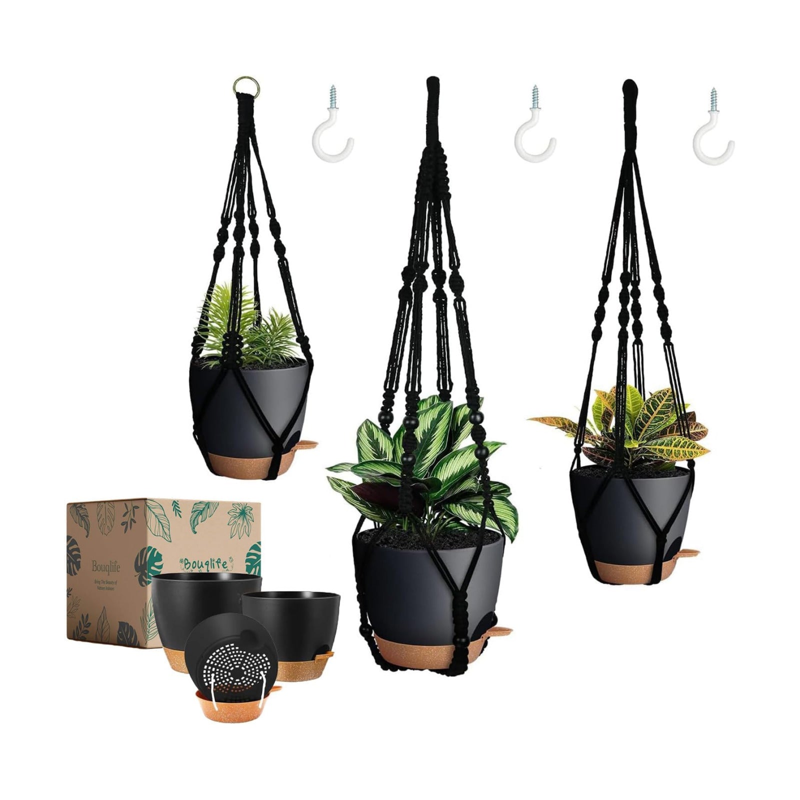Bouqlife 3 Pack Self Watering Hanging Planters Macrame Plant Hangers with Indoor Flower Pots, 3 Different Size Hanging