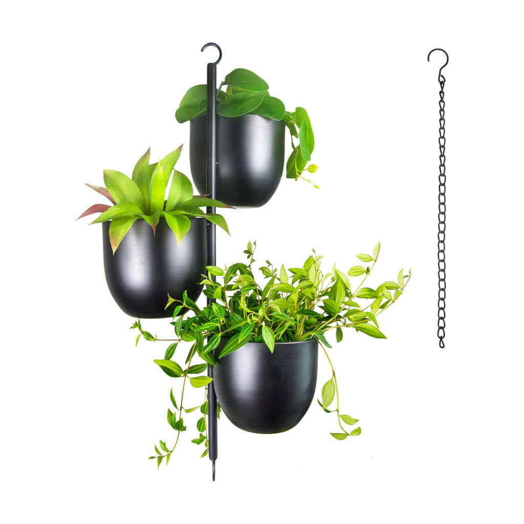 3-Tier Metal Hanging Planter with 6 Inch Oval Pots - Black Modern Triple Tiered Plant Hanger - Vertical Stackable Wall