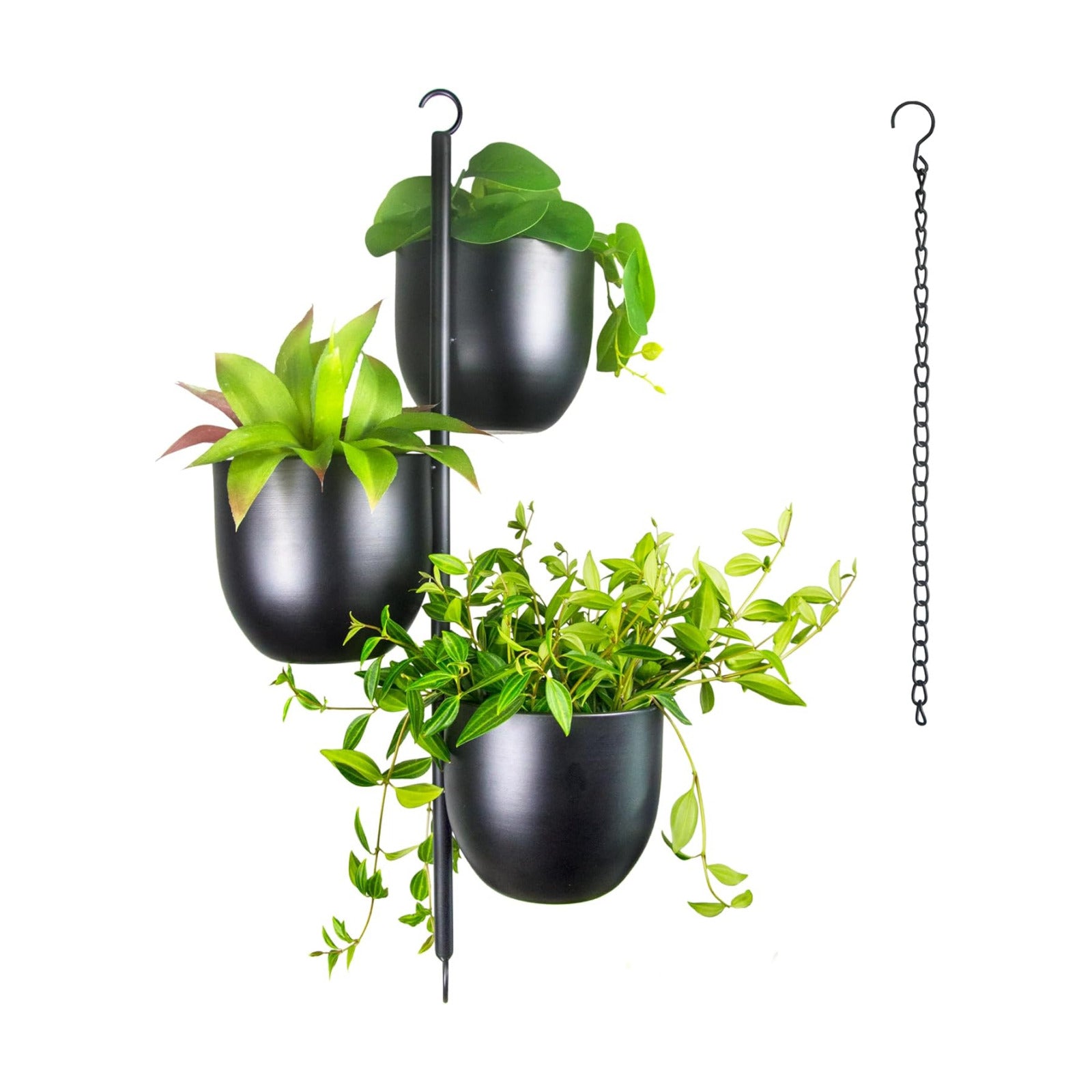 3-Tier Metal Hanging Planter with 6 Inch Oval Pots - Black Modern Triple Tiered Plant Hanger - Vertical Stackable Wall
