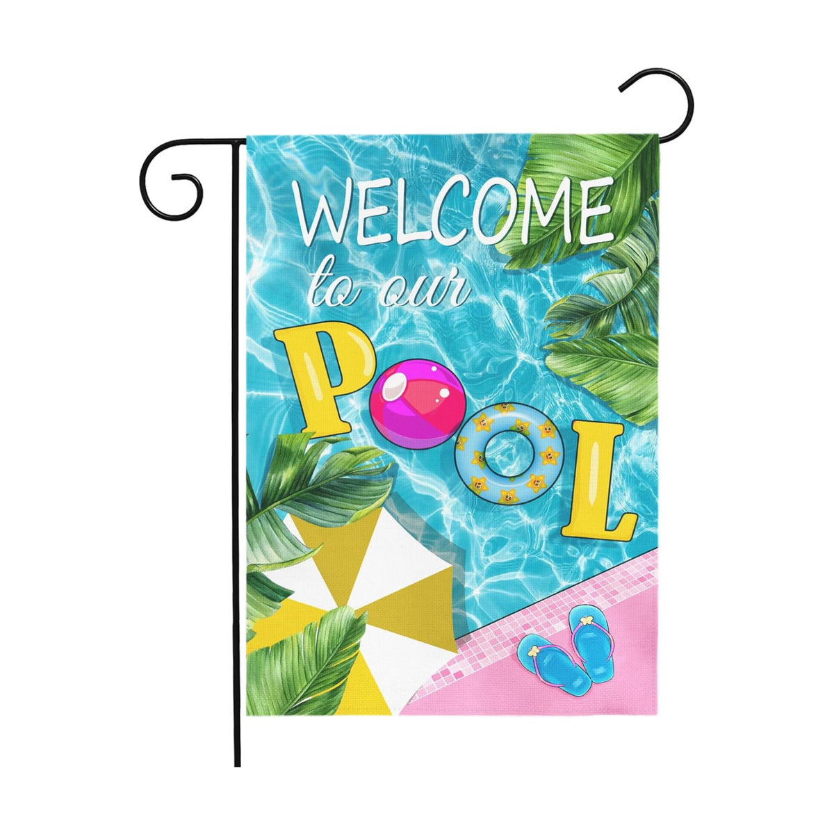 Welcome to Our Pool Garden Flag Vertical Double Sided Summer Swimming Pool Yard Flag Palm Leaf Parasol Garden Flags 12x18 Inch Holiday Party Seasonal Farmhouse Banner Outdoor Decor
