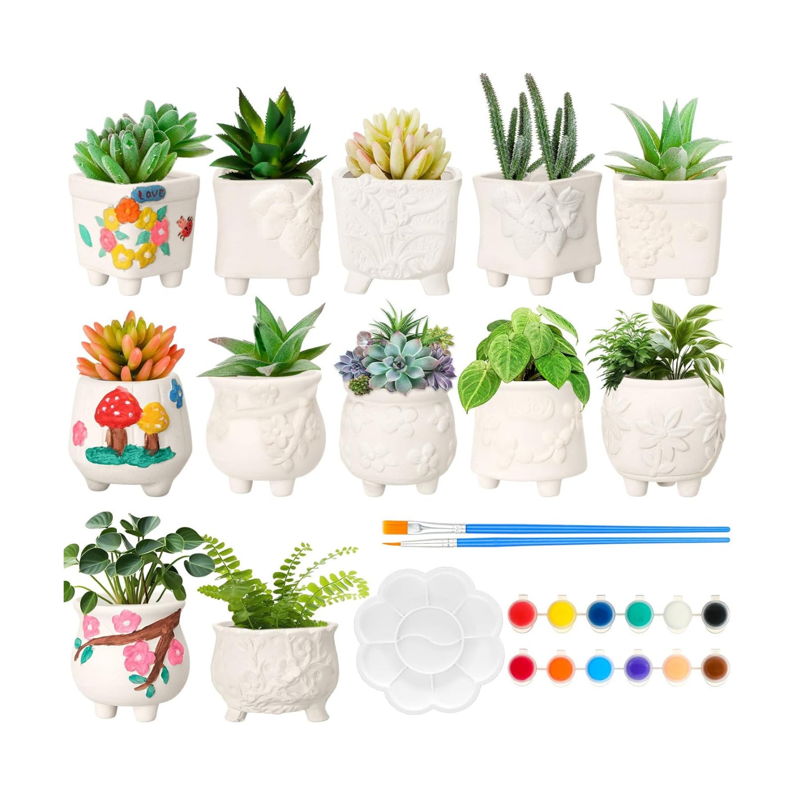 Hushee 12 Sets Ceramic Succulent Pots to Paint with Drainage | Paintable Succulent Plant Pots, 12 Styles, Small DIY