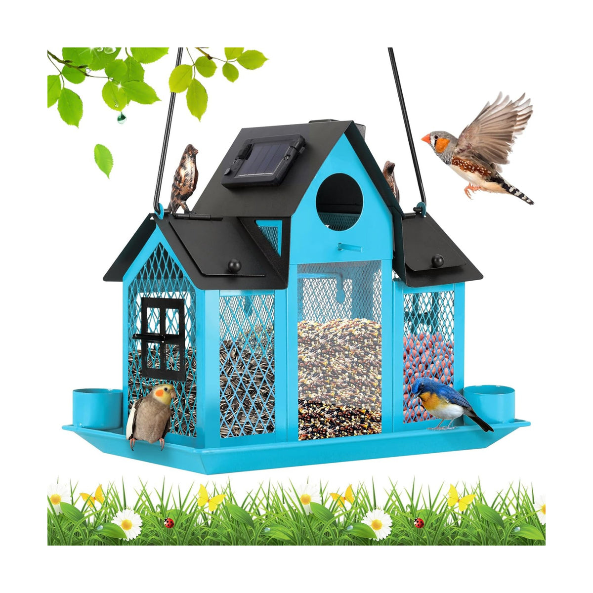 Solar Bird Feeders House for Outside Hanging, Metal Wild Bird Feeder for Outdoors, Large Cardinal Bird Feeder Birdhouses Squirrel Proof (Blue)