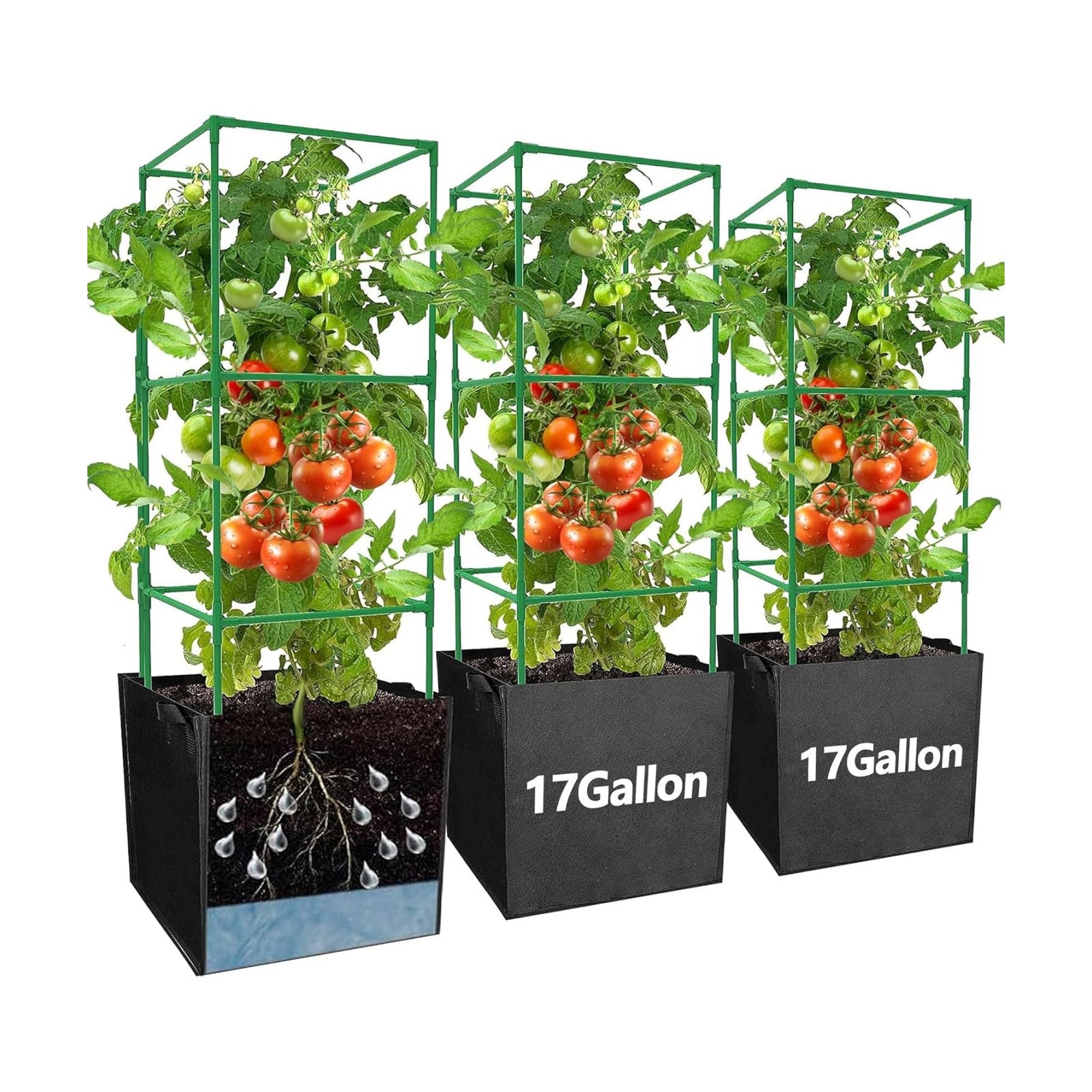 3 Packs 47 x 16 x 16 Inch Garden Tomato Cages with 17 Gallon Grow Bags- Square Plant Support Trellis Assembled with