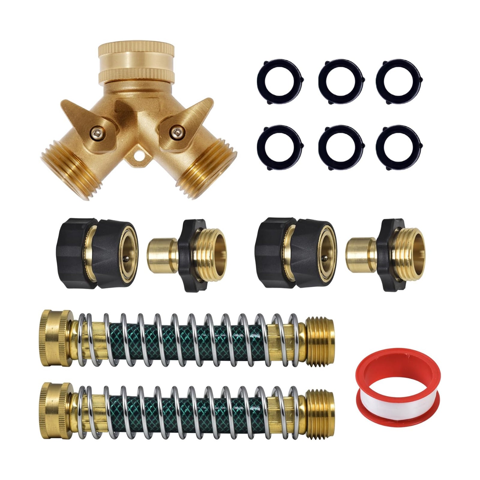 VANCOCO Garden Hose Coiled Spring Protectors, 3/4" Heavy Duty Brass Hose Splitter 2 Way with Hose Spring Protector for