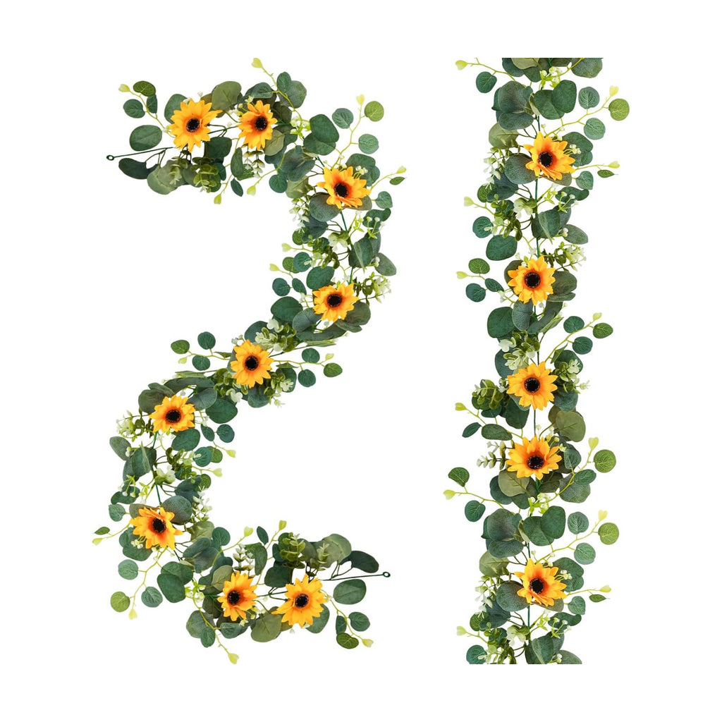 Uieke 2 Pack Artificial Sunflower Garland, 6ft/Strand Silk Sunflowers Hanging Vines Flowers Garland with Green Leaves for Room Kitchen Garden Birthday Wedding Baby Shower Party Table Decor