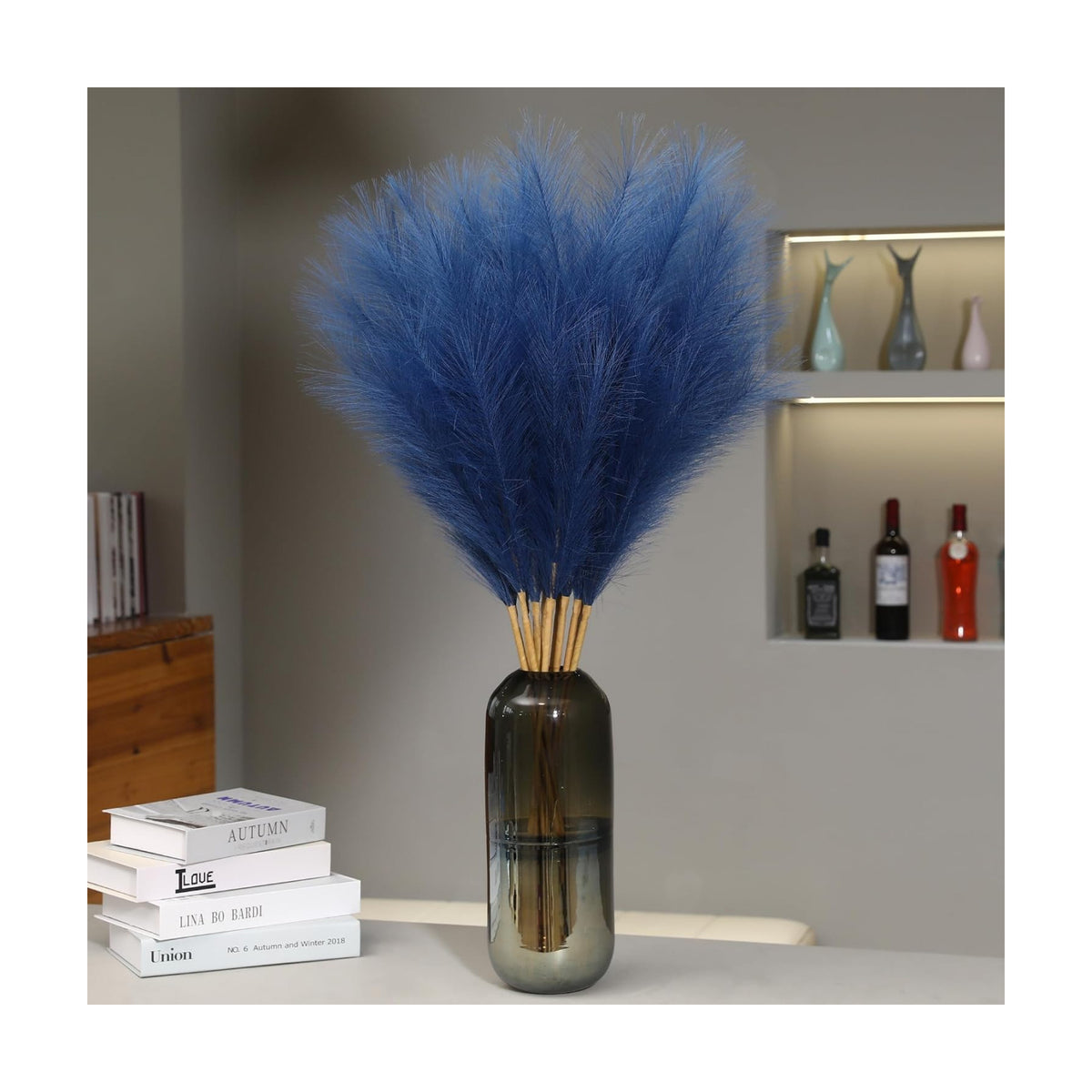 Wertuirk 9 Stems Blue Pampas Grass - 38 Inch Tall Faux Pompous Grass Decor