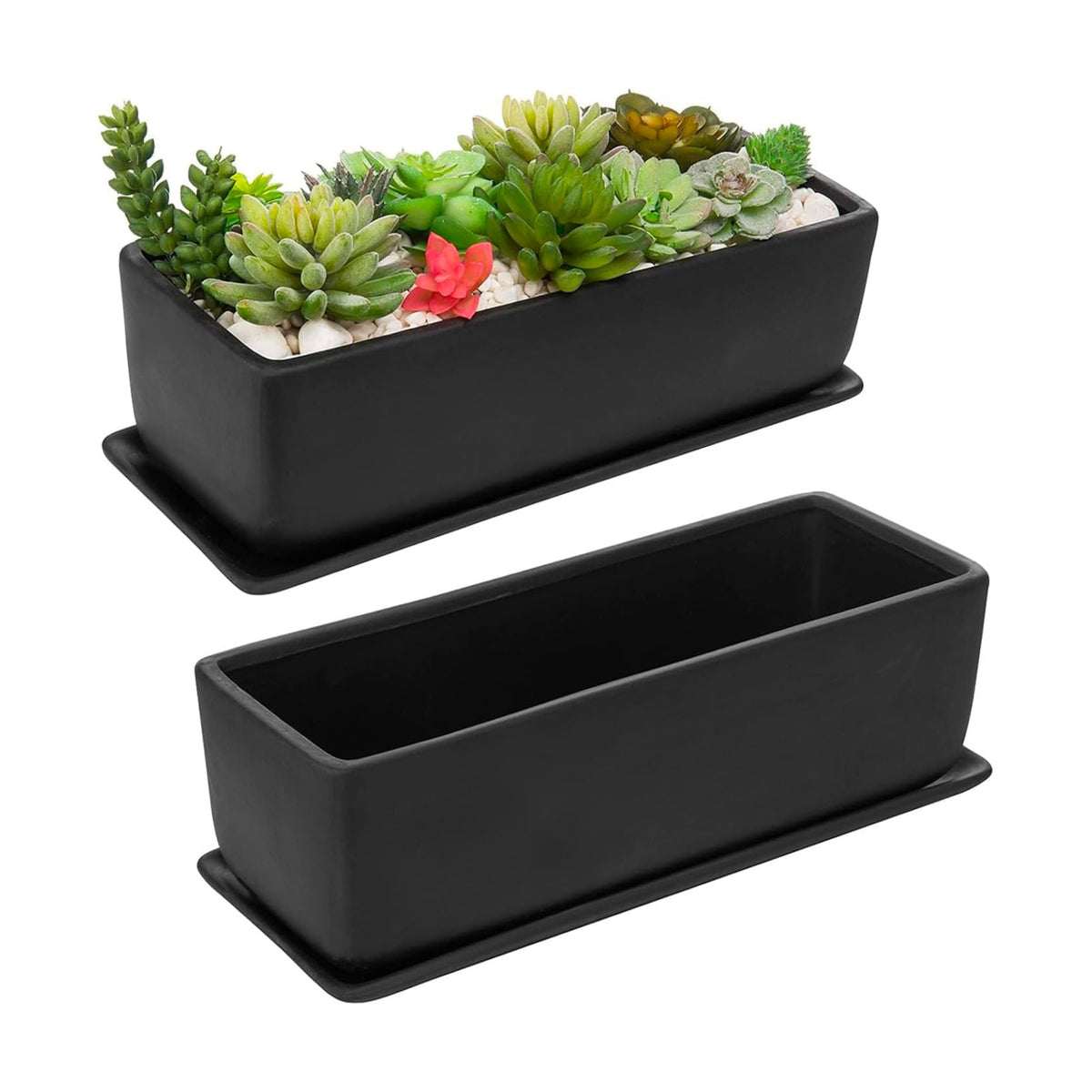 MyGift Matte Black Ceramic Indoor Plant Pot Succulent Planter, Decorative Flower Planter with Drainage Hole and Removable Tray (14 inch - 2 Pack)