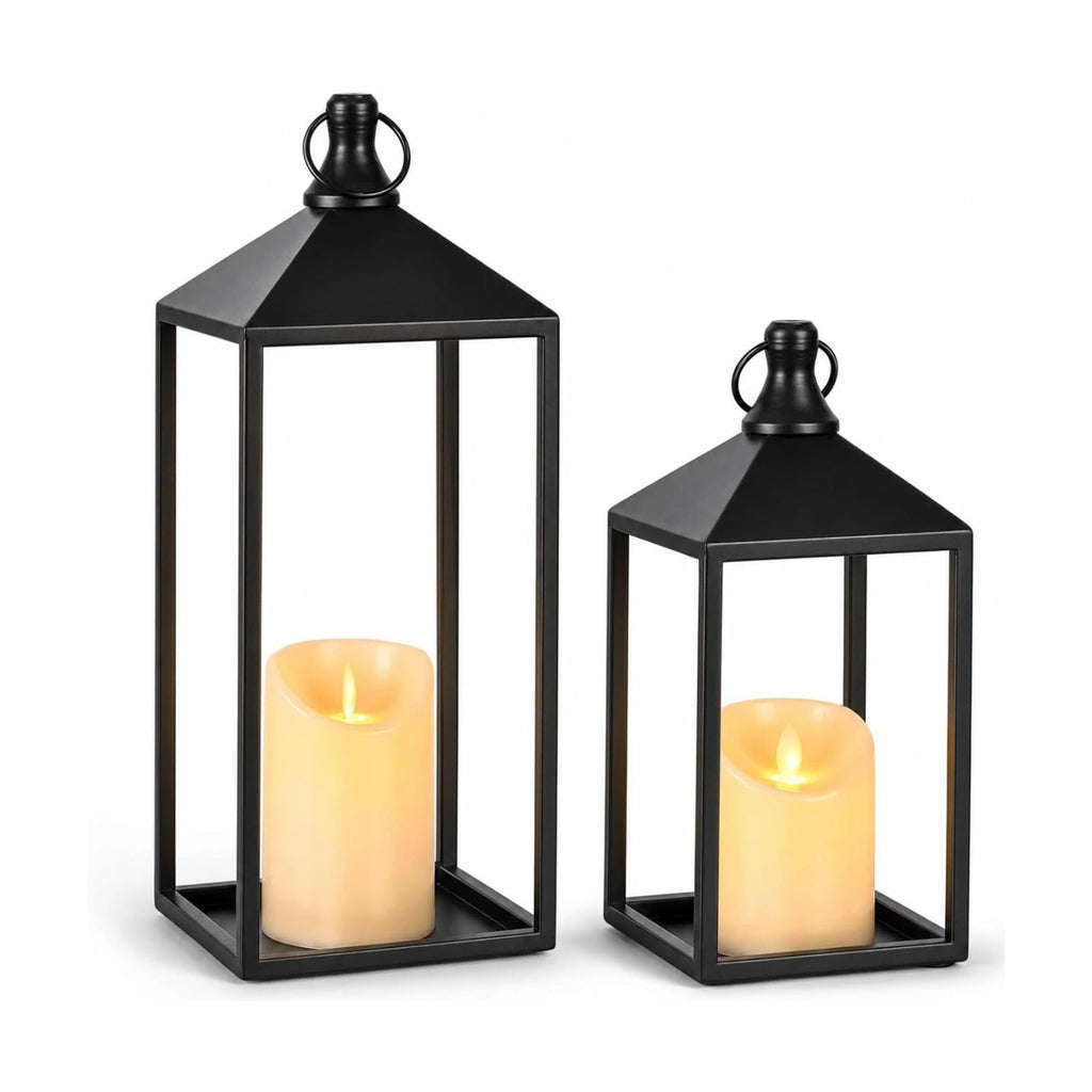 2 Pcs Black Decorative Metal Lanterns Farmhouse Lantern Decor with Candles