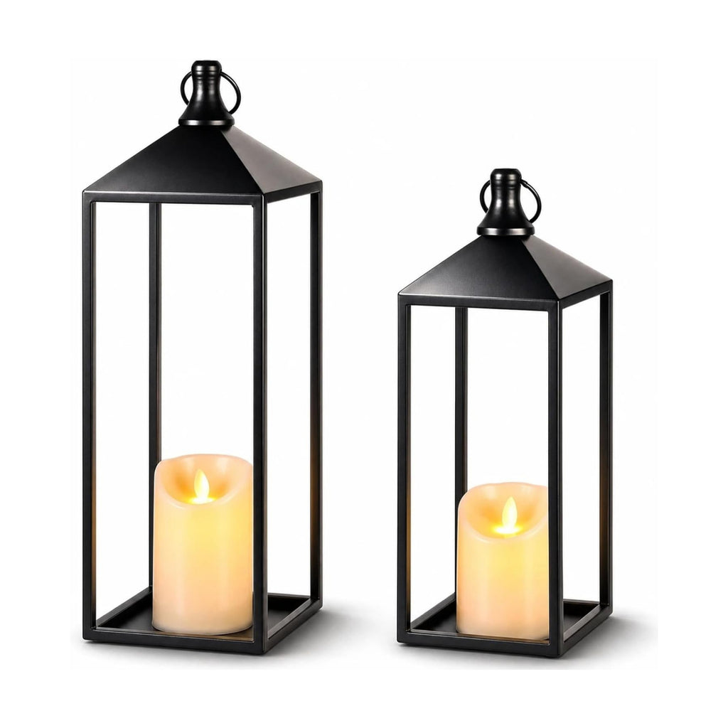 Lanterns Decorative Outdoor Indoor, 17" 13" Set of 2 Black Candle Lanterns