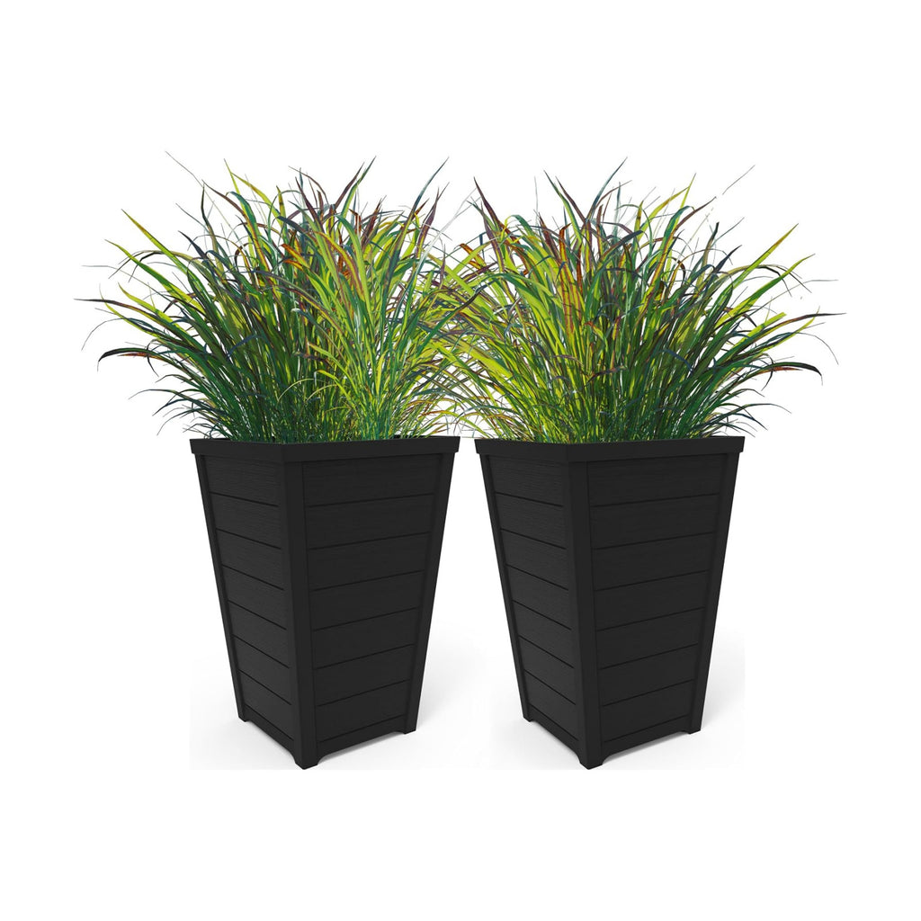 Keter Set of 2 Resin Modern Outdoor 22 Inch Tall Large Flower Pots, Tapered Wood Look Planters for Outdoor Plants and