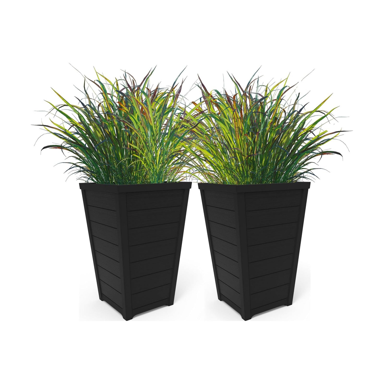 Keter Set of 2 Resin Modern Outdoor 22 Inch Tall Large Flower Pots, Tapered Wood Look Planters for Outdoor Plants and