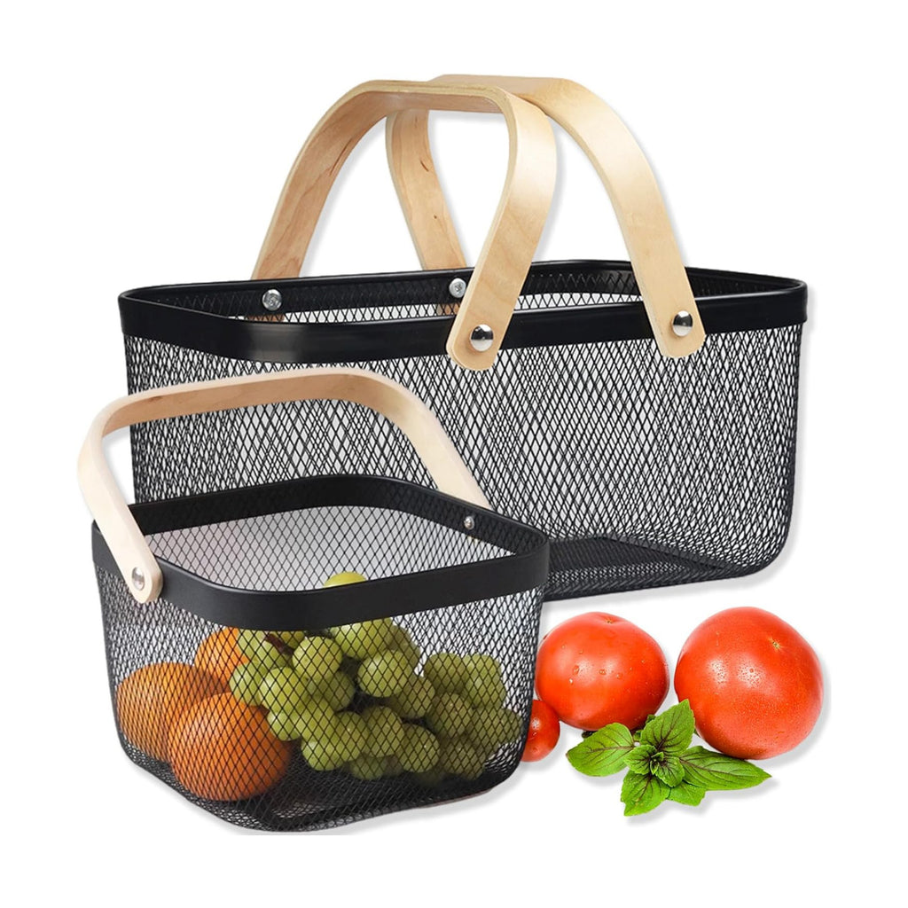 Cheardia 2 Pack Picnic Baskets, Metal Mesh Harvest Basket with Foldable Wooden Handle, Rectangle Garden Storage Basket