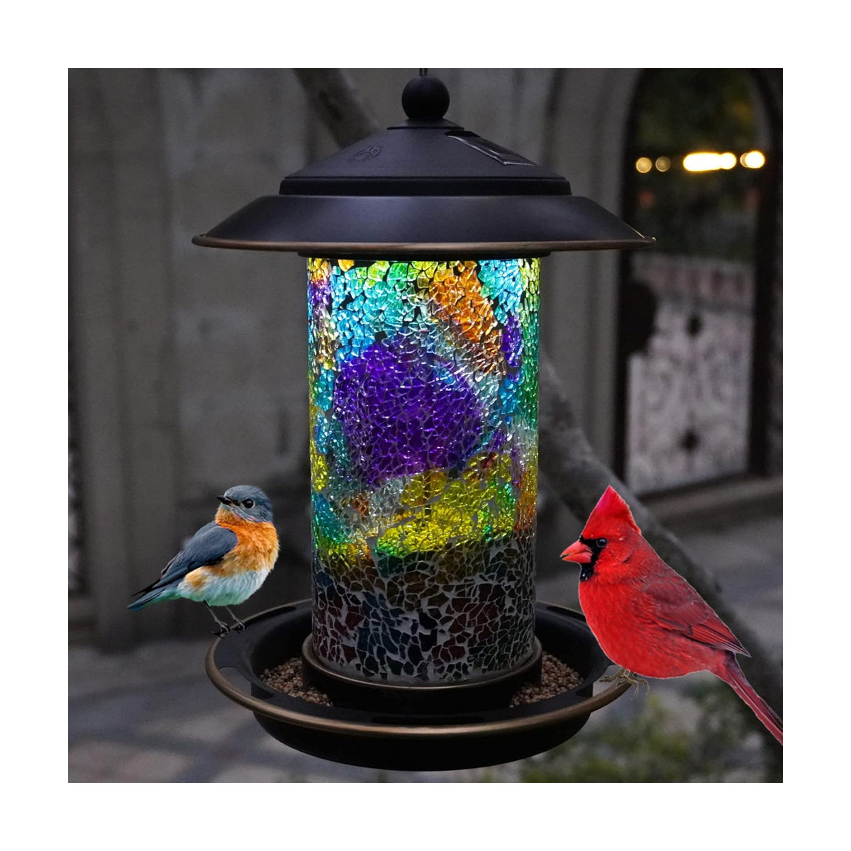 Solar Bird Feeder for Outdoor Hanging Stained Glass, Tesserae