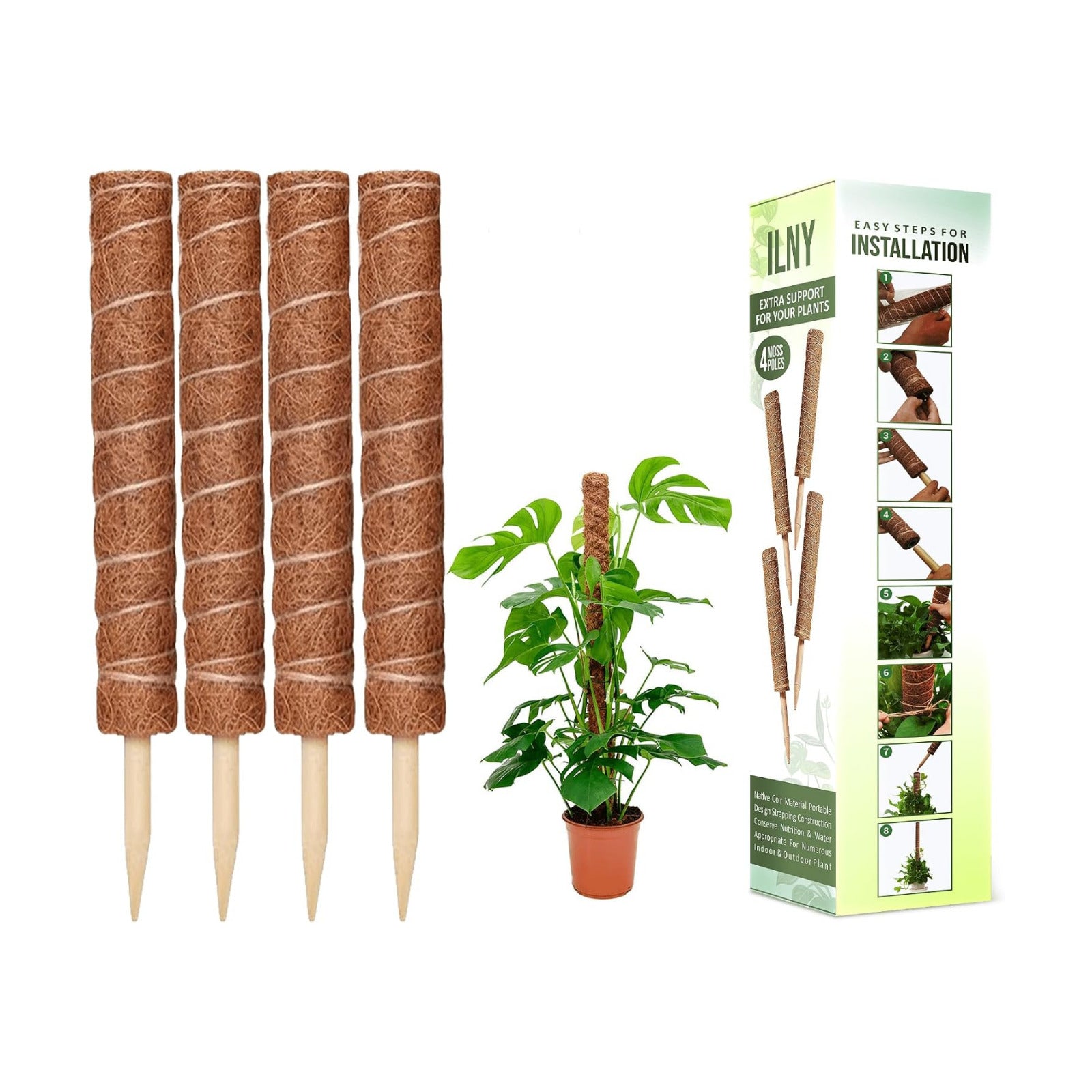 Moss Pole Pack of 4 – 50CM Monstera Plant Support | Natural Coco Coir Plant Poles for Indoor Plants | Extendable Moss